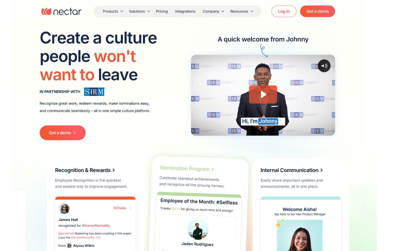 Nectar employee recognition platform homepage showing recognition, rewards, nomination and internal communication cards