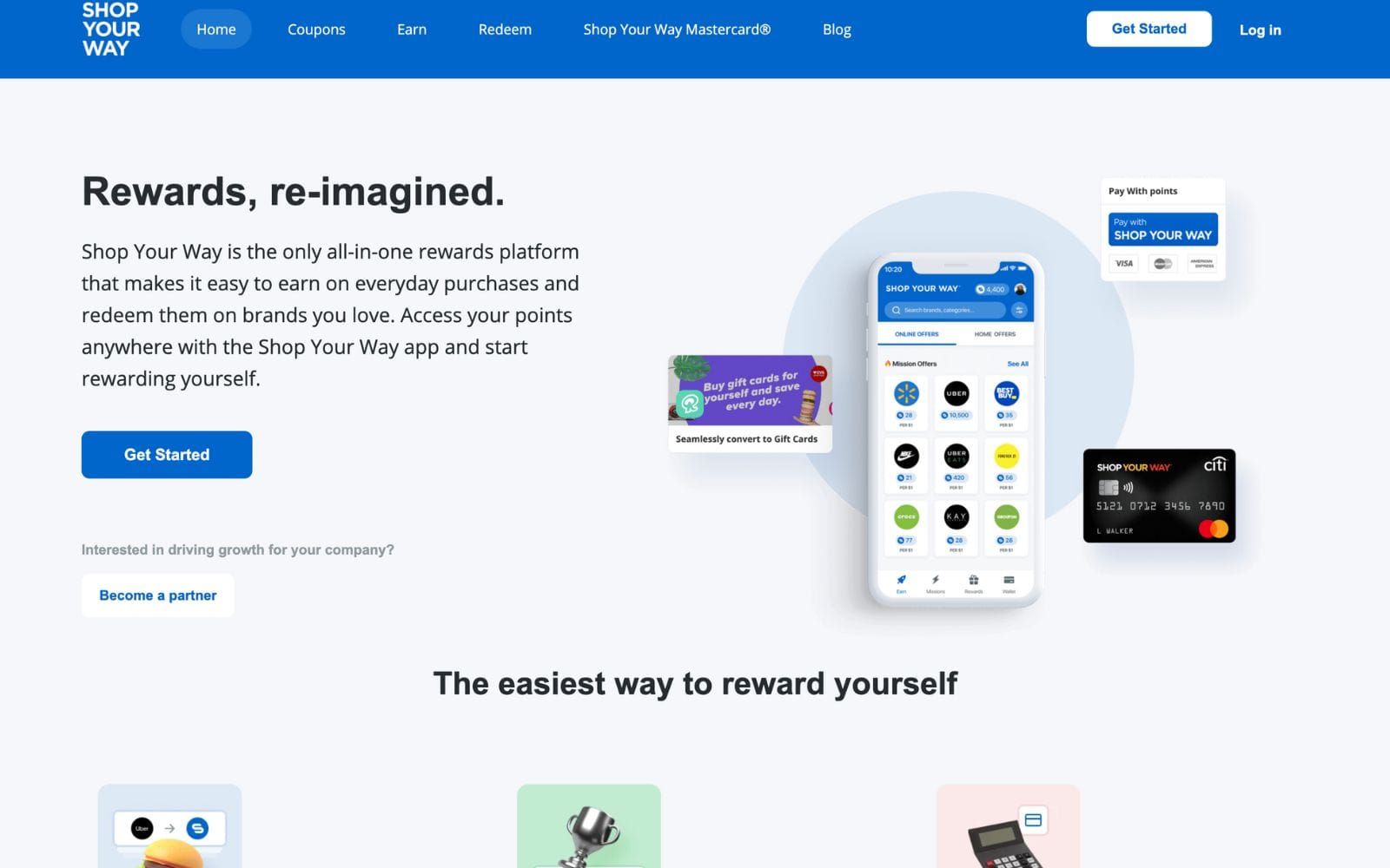 Shop Your Way homepage with its rewards app listing partner brand offers, a pay-with-points option and Mastercard