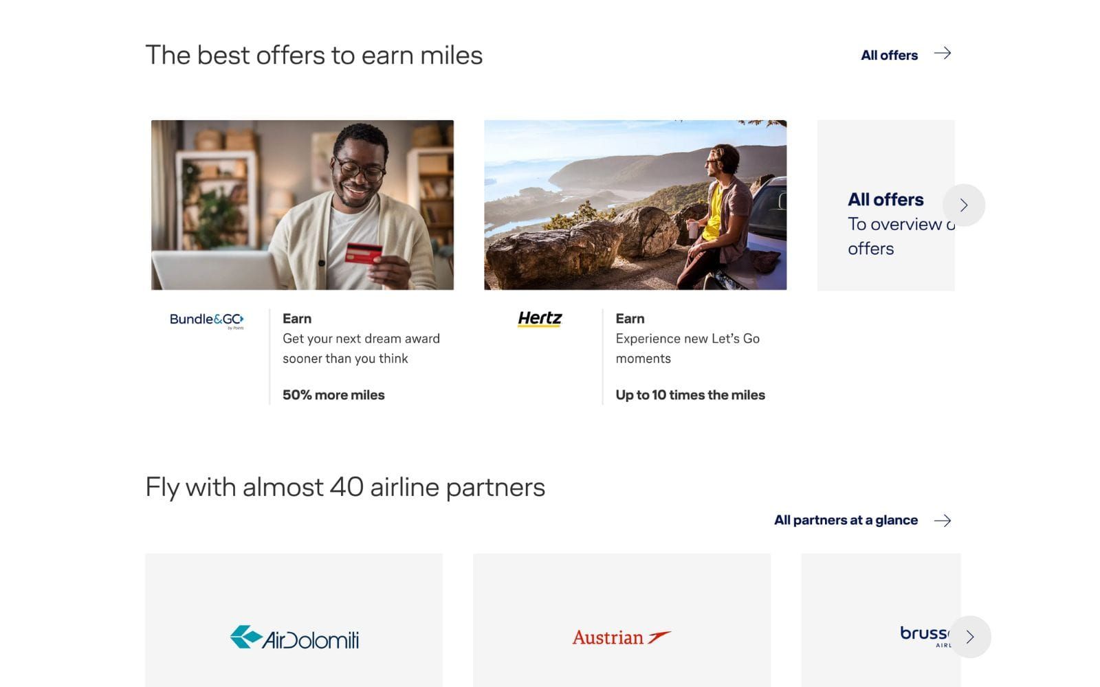 Miles & More offers to earn miles with partners like Hertz, plus airline partners such as Air Dolomiti and Austrian