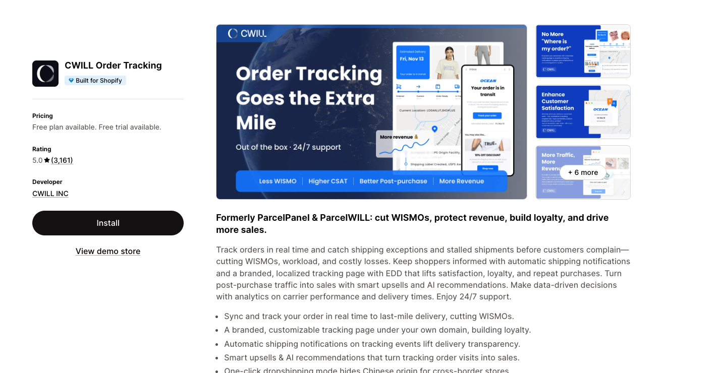 CWILL Order Tracking (formerly ParcelPanel) on the Shopify App Store, rated 5.0 from 3,161 reviews, free plan available