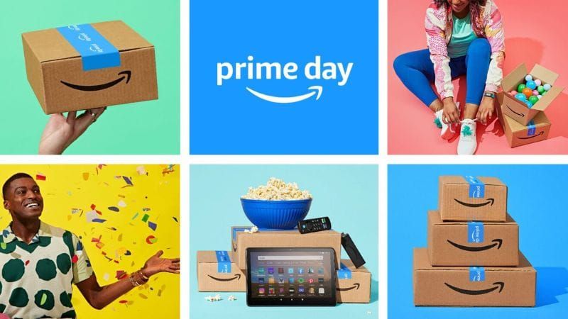 Amazon Prime Day collage: smiling man in confetti, Amazon boxes, a tablet and popcorn, illustrating Prime member perks