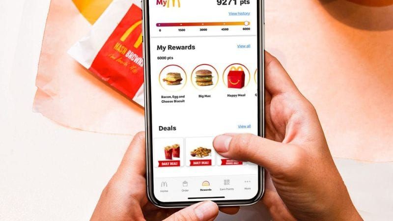 MyMcDonald's Rewards app on a phone: points balance, 6000-point rewards like Big Mac and Happy Meal, plus daily deals