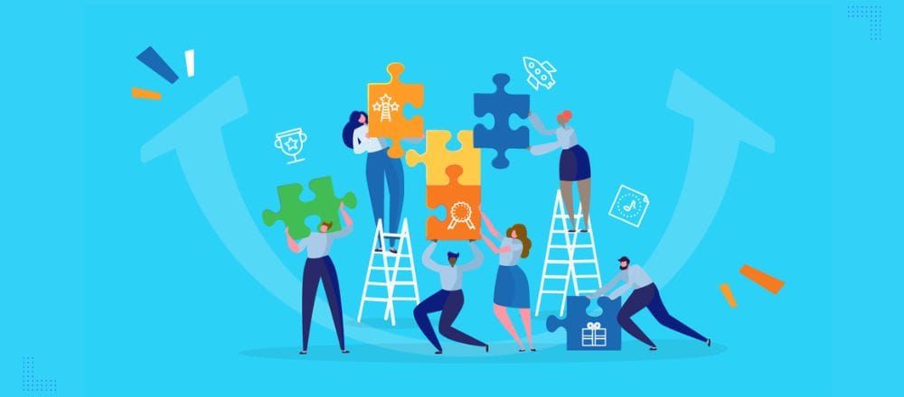 Team, two on ladders, fitting puzzle pieces with award and gift icons, illustrating gamified loyalty rewards