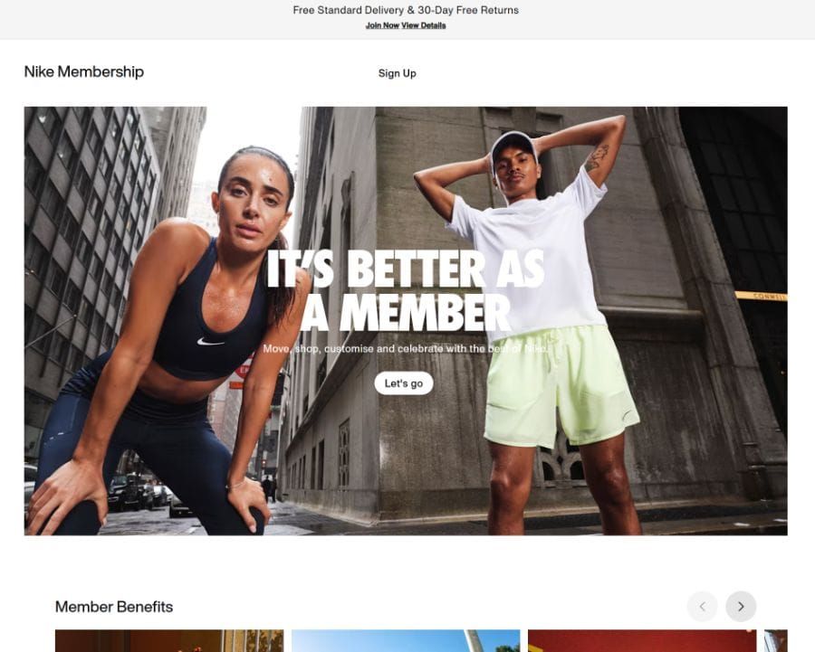 Nike Membership landing page with the headline It’s Better as a Member, two athletes and a Member Benefits carousel