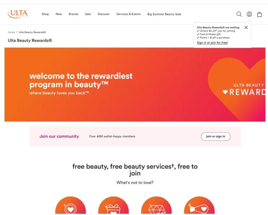 Ulta Beauty Rewards page: welcome to the rewardiest program in beauty, with over 42M members and a join button