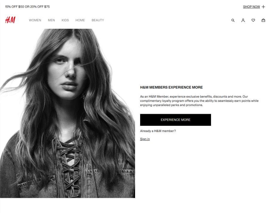 H&M Member sign-up page with a black-and-white model photo and the headline H&M Members Experience More