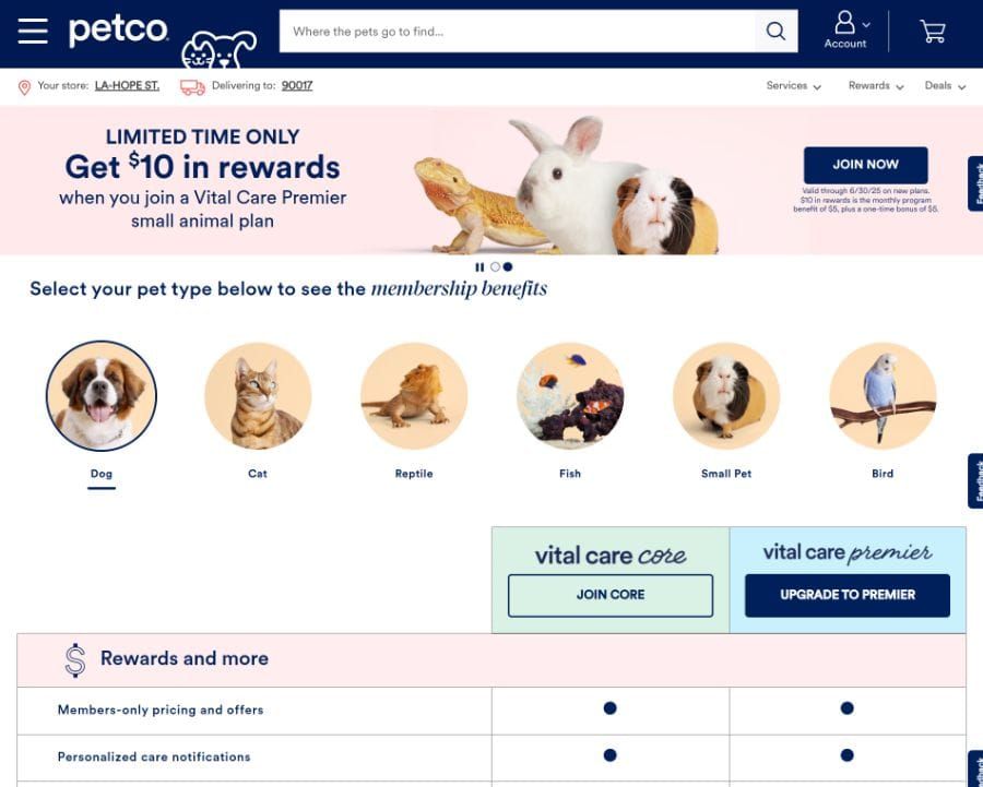 Petco Vital Care membership page with a pet-type selector and a Core vs Premier plan comparison of member rewards