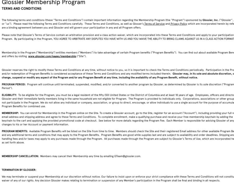Glossier Membership Program terms and conditions page covering eligibility, enrollment, benefits and cancellation