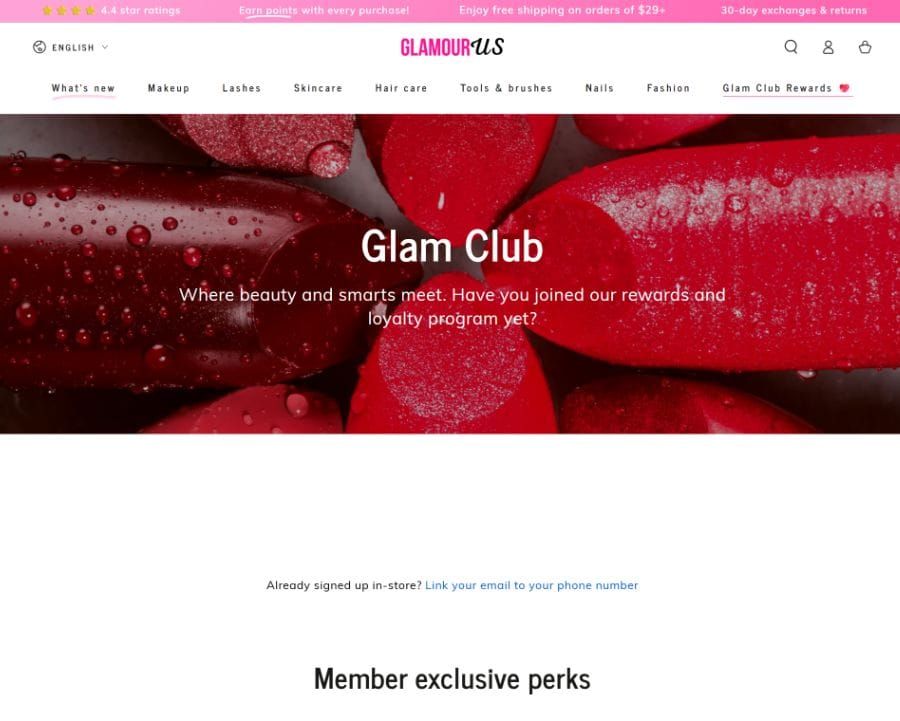 Glamour Us Glam Club rewards page powered by Joy Loyalty, where in-store sign-ups link their email to their phone number