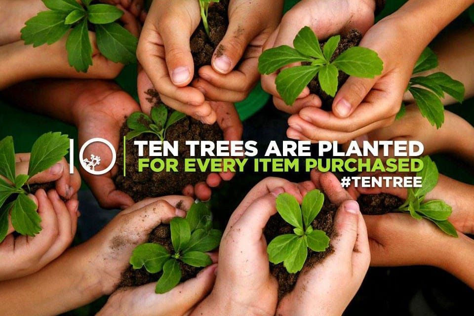 Hands holding seedlings in soil with the Tentree message: ten trees are planted for every item purchased