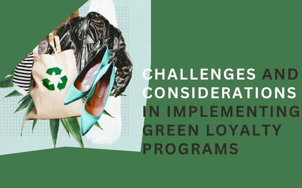 Collage of a recycling-symbol tote bag, leather jacket and teal heels, illustrating the challenges of green loyalty