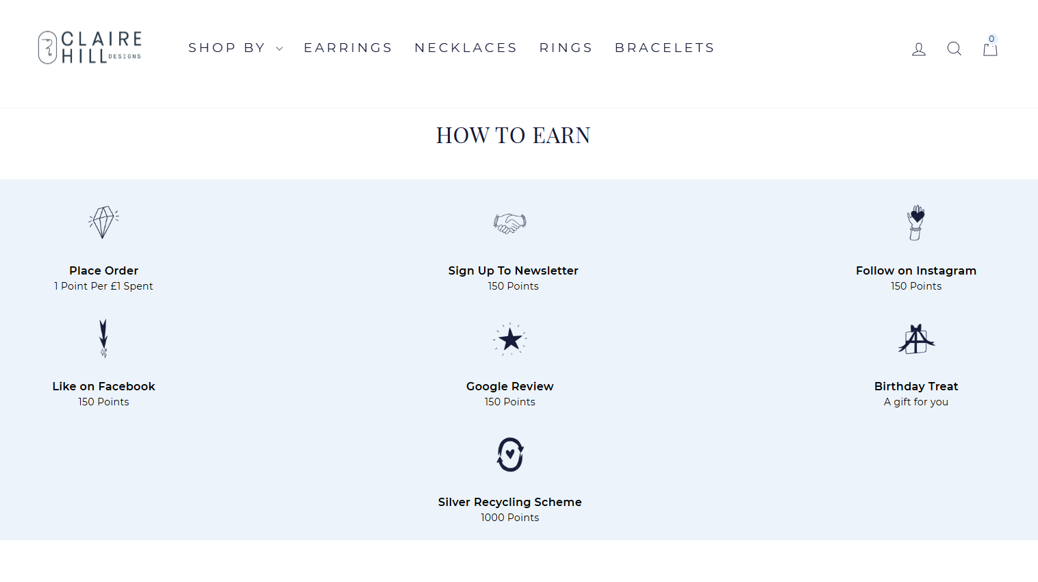 Claire Hill Designs earning rules: 1 point per £1 spent, 150 points for newsletter, social follows and reviews