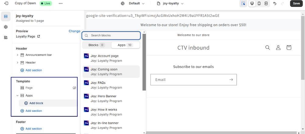 Shopify theme editor adding Joy Loyalty app blocks like Hero Banner, How it works and FAQs to the loyalty page