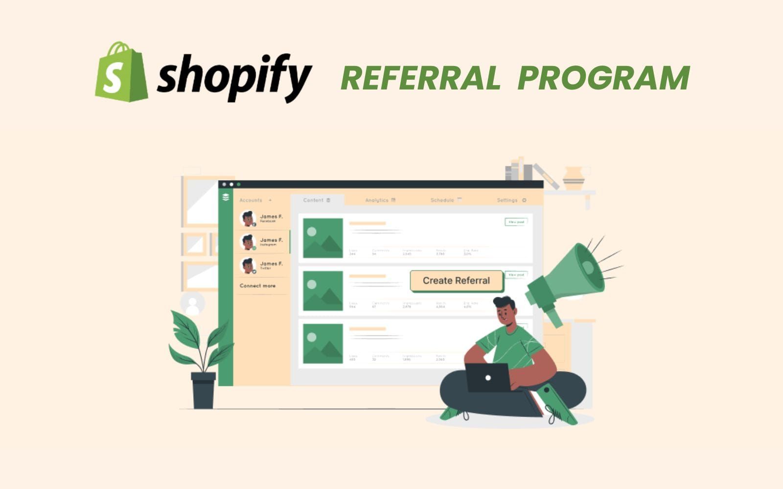 Shopify referral program illustration with a Create Referral button, a megaphone and a marketer on a laptop