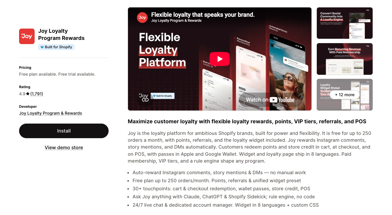 Joy Loyalty Program Rewards app listing on the Shopify App Store, rated 4.9 from 1,791 reviews, free plan available