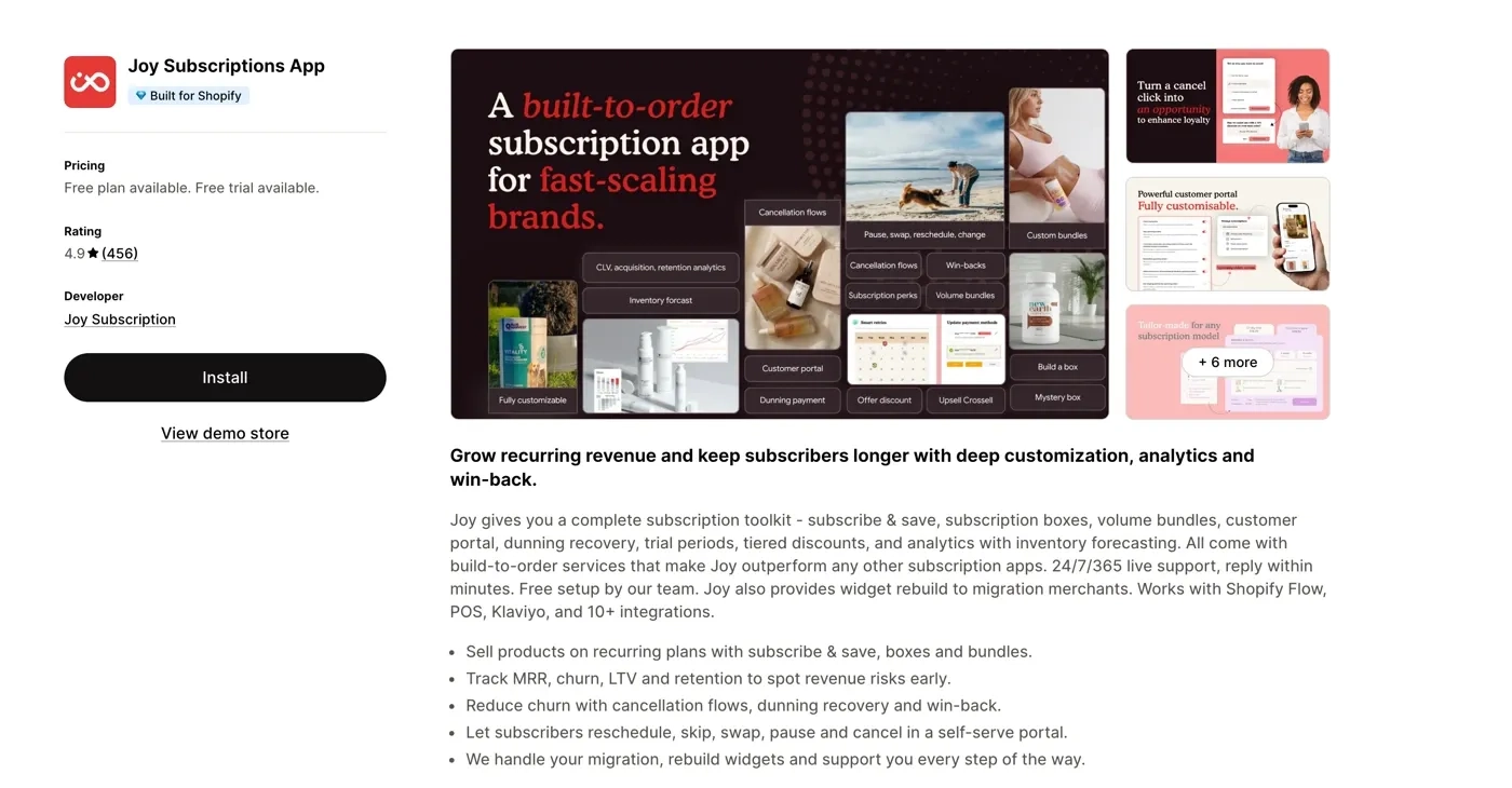 Joy Subscriptions App listing on the Shopify App Store