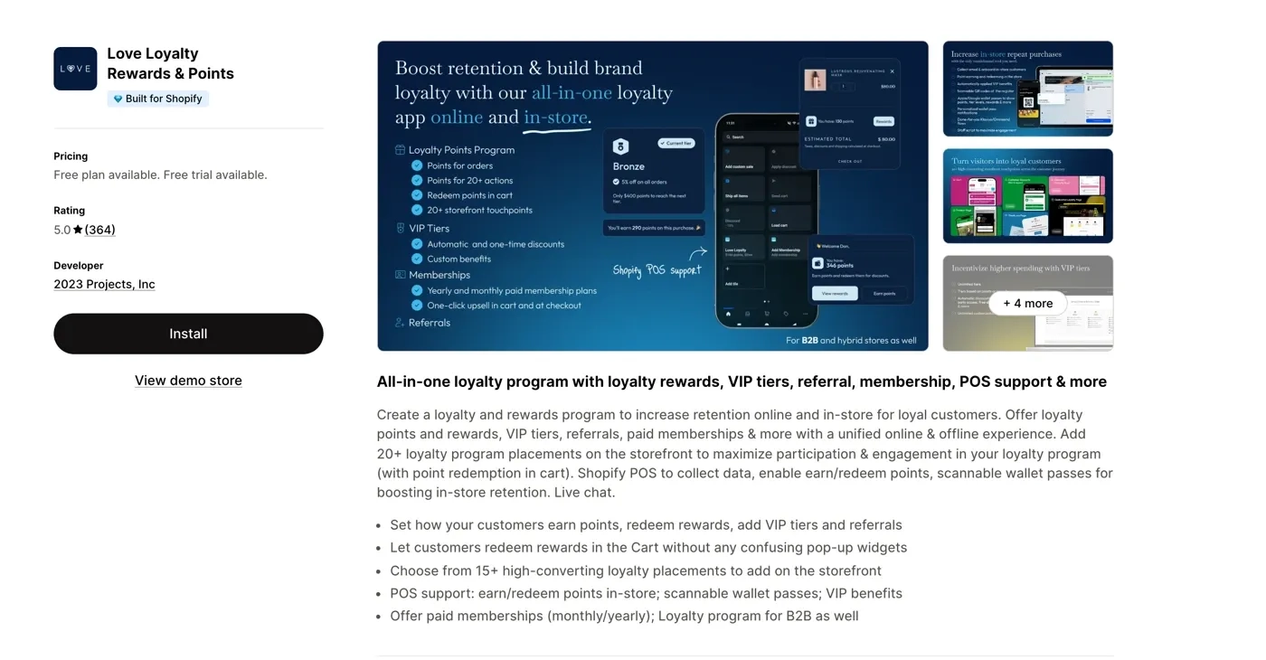 Love Loyalty Points & Rewards app listing on the Shopify App Store
