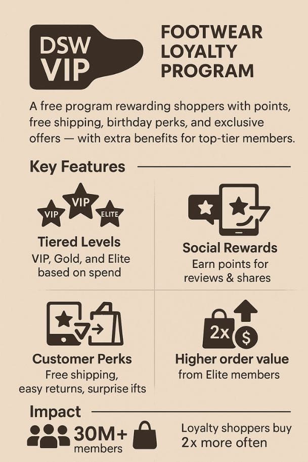 DSW VIP infographic: VIP, Gold and Elite tiers by spend, points for reviews and shares, free shipping, 30M+ members