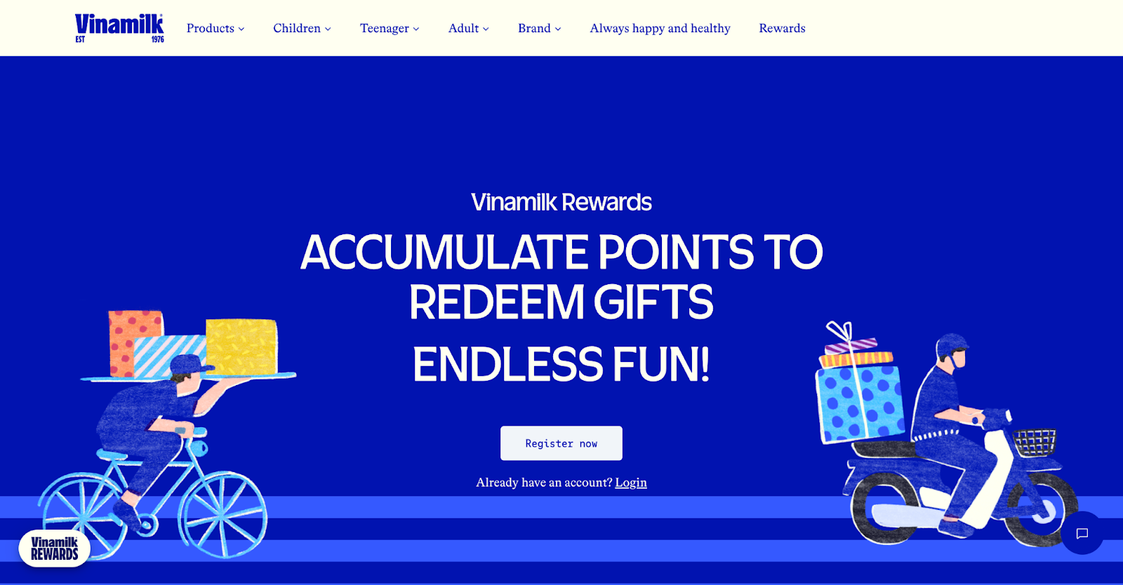 Vinamilk Rewards homepage inviting members to accumulate points to redeem gifts, with illustrated riders carrying presents