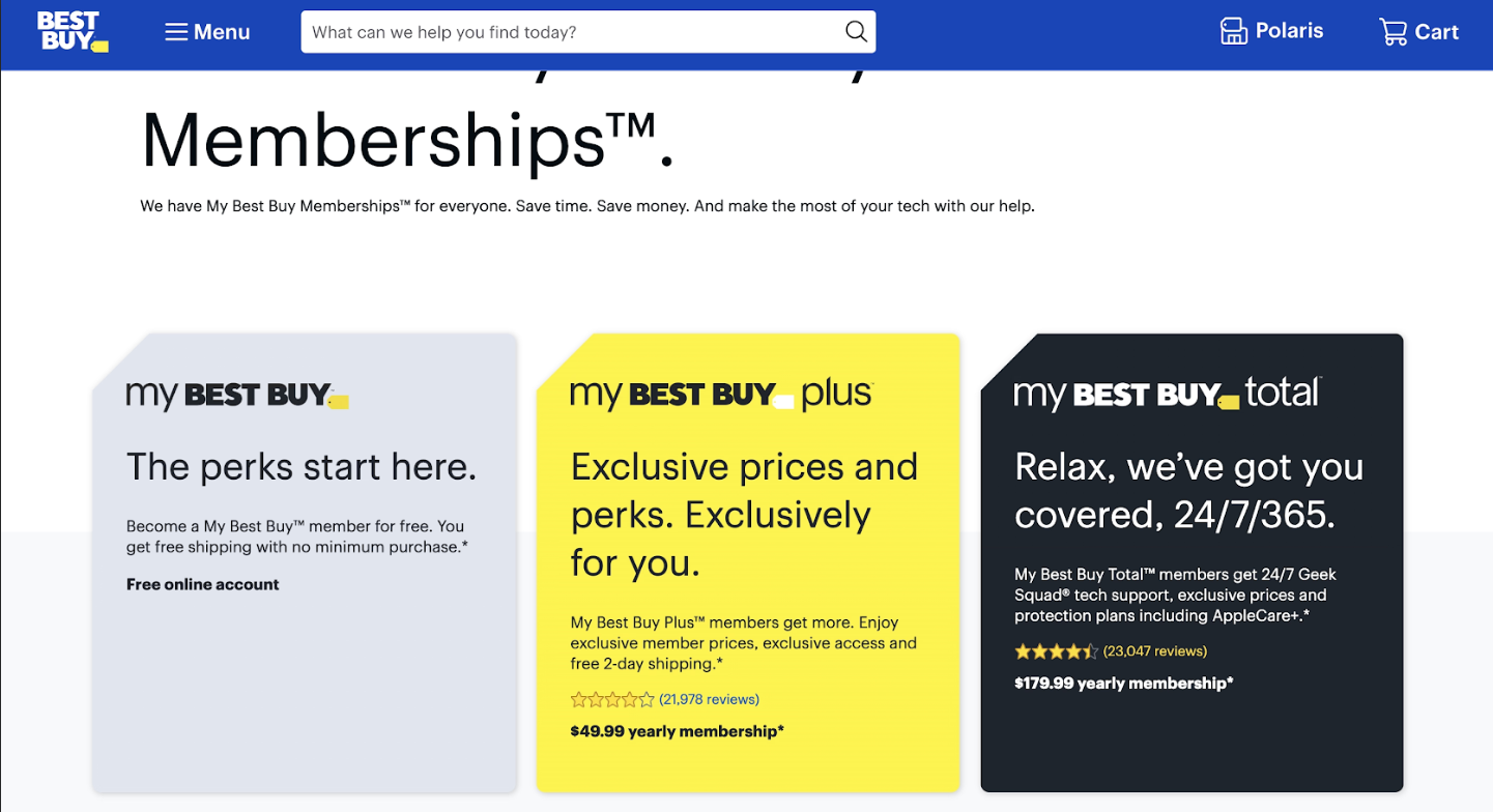 My Best Buy Memberships page comparing the free My Best Buy tier with paid My Best Buy Plus and Total plans
