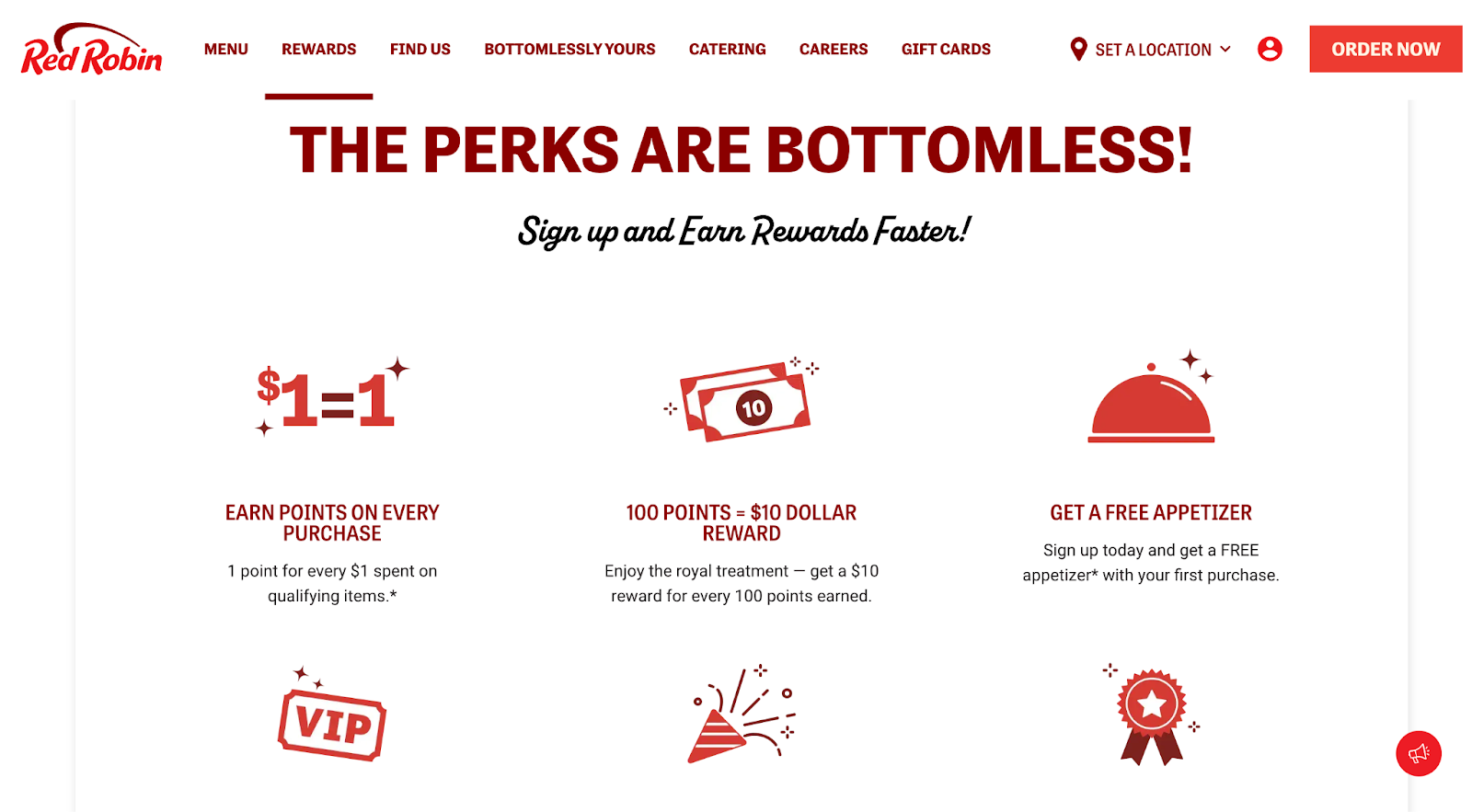 Red Robin Royalty perks page: 1 point per $1, a $10 reward per 100 points and a free appetizer with first purchase