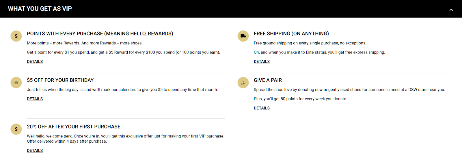 DSW VIP perks page: points on every purchase, free shipping, a $5 birthday reward, 20% off after your first purchase