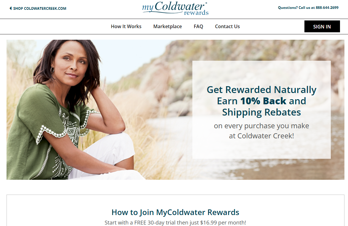 MyColdwater Rewards page promising 10% back and shipping rebates, with a free 30-day trial then $16.99 a month