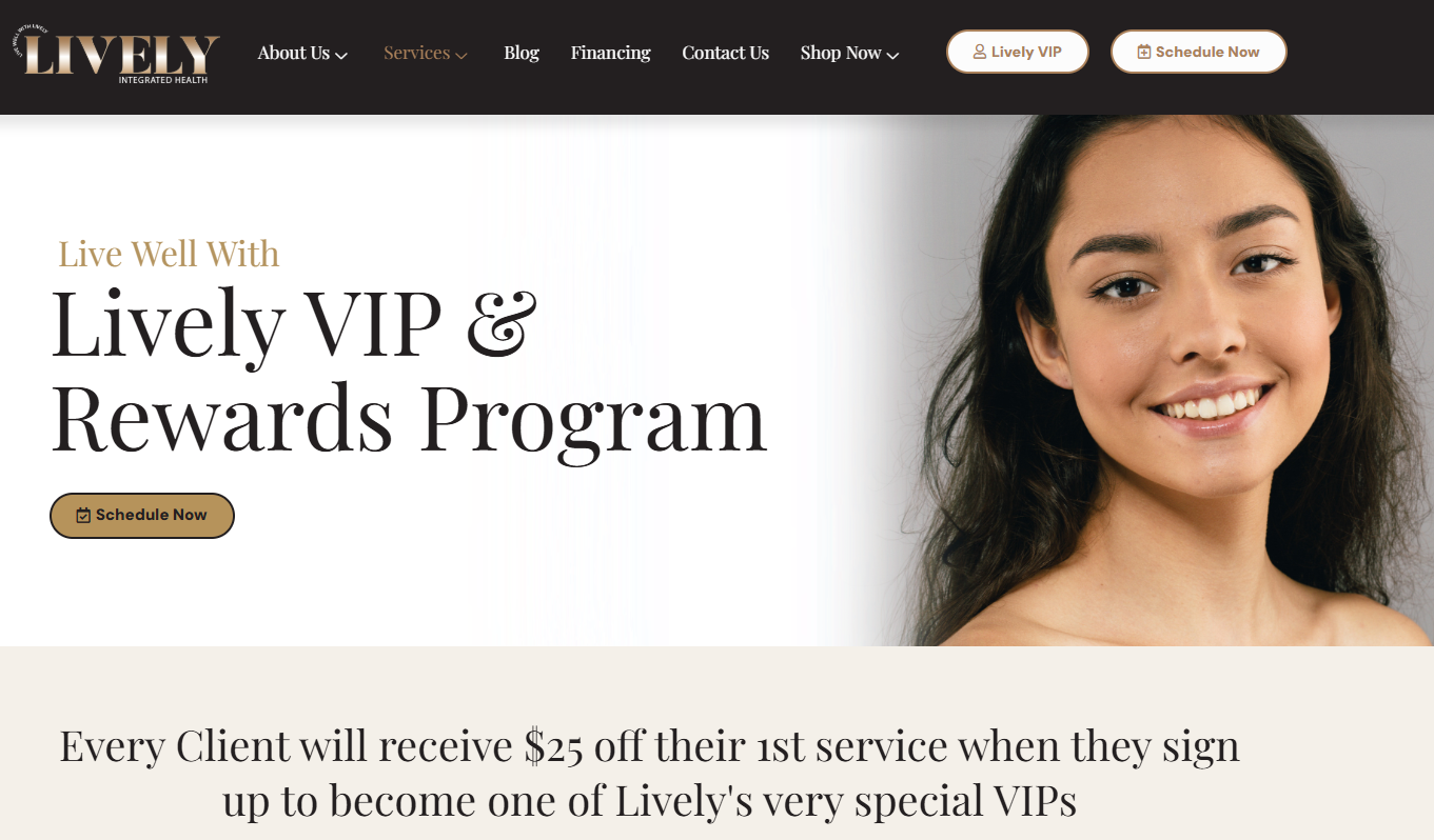 Lively VIP & Rewards Program page from Lively Integrated Health, offering new VIPs $25 off their first service