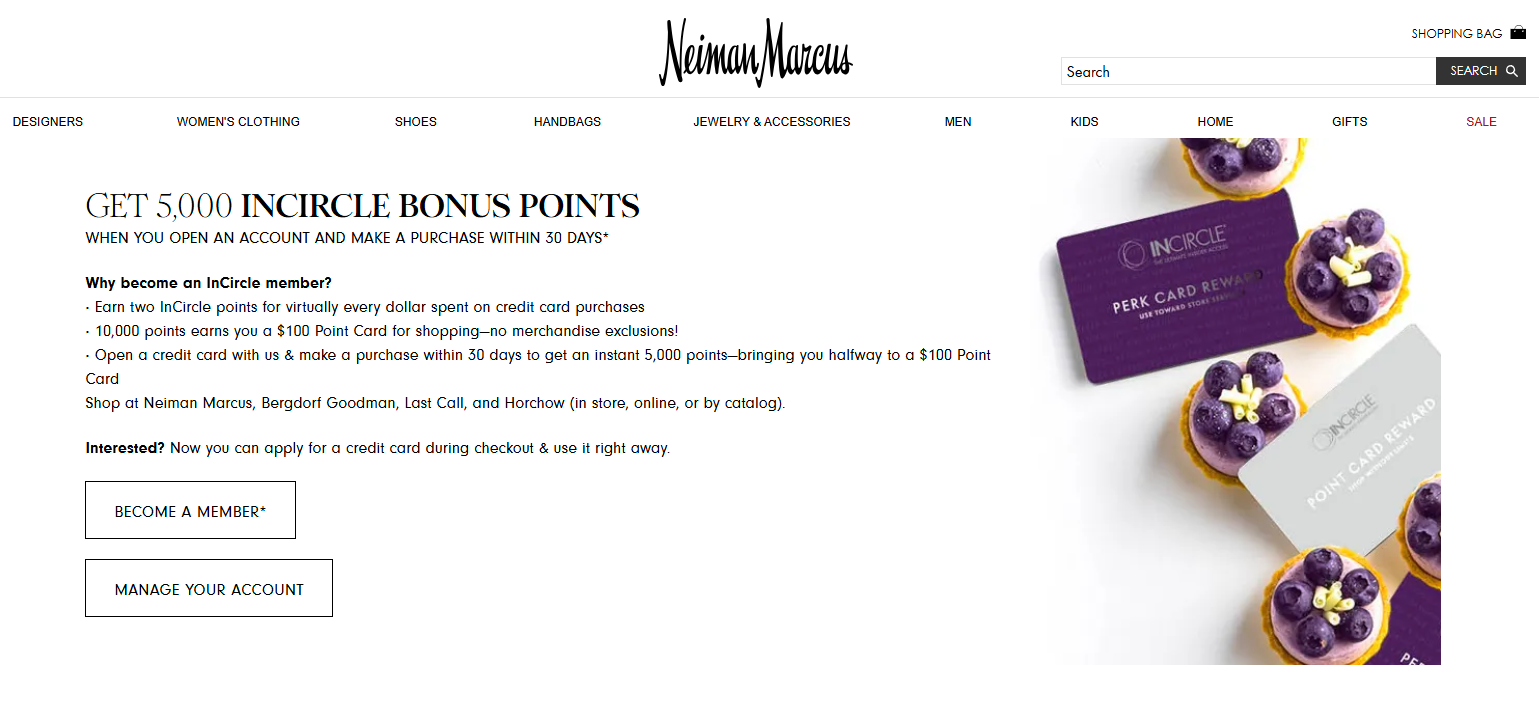 Neiman Marcus InCircle page offering 5,000 bonus points, shown beside purple and silver InCircle reward cards