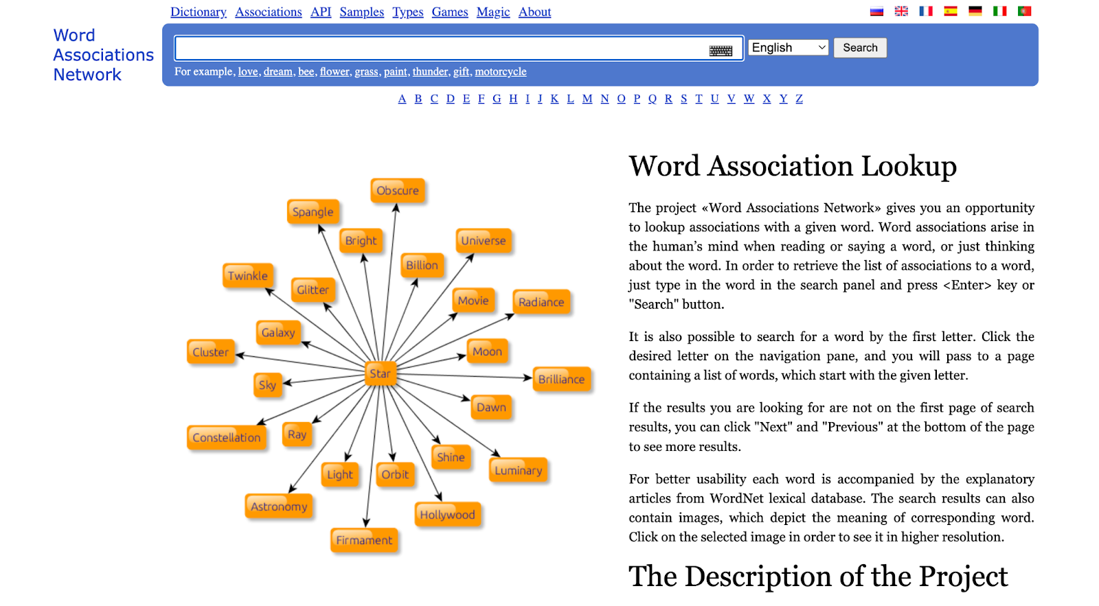 Word Associations Network map linking Star to related words like Twinkle and Galaxy, a tool for brainstorming names