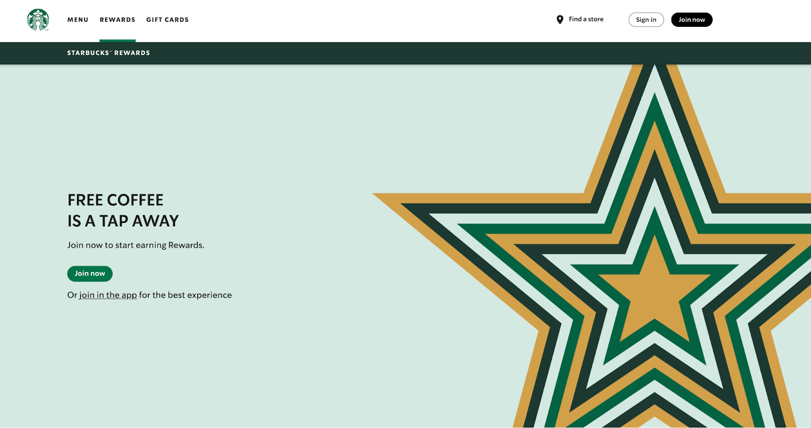Starbucks Rewards sign-up page with the headline Free Coffee Is a Tap Away and a Join now button