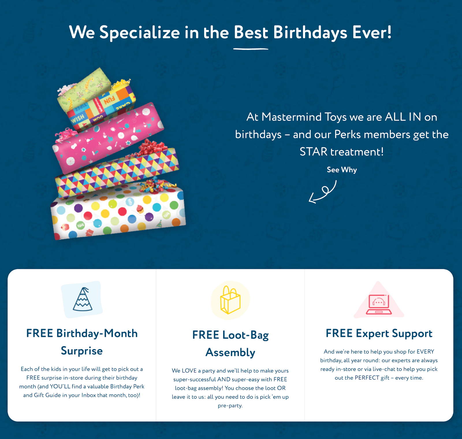 Mastermind Toys birthday page for Perks members with a free birthday-month surprise, loot-bag assembly and expert support