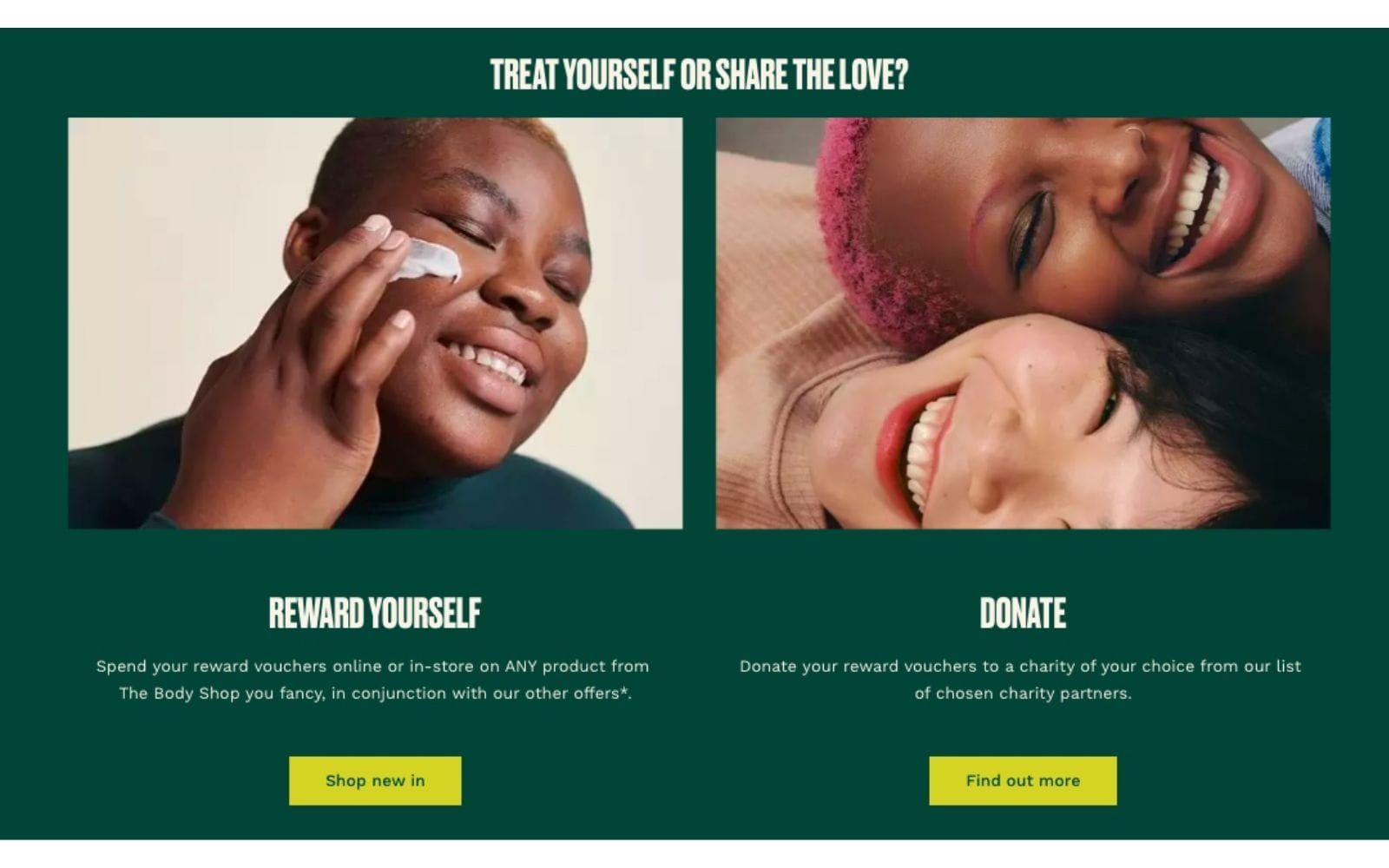 The Body Shop rewards page letting members spend reward vouchers or donate them to a chosen charity partner