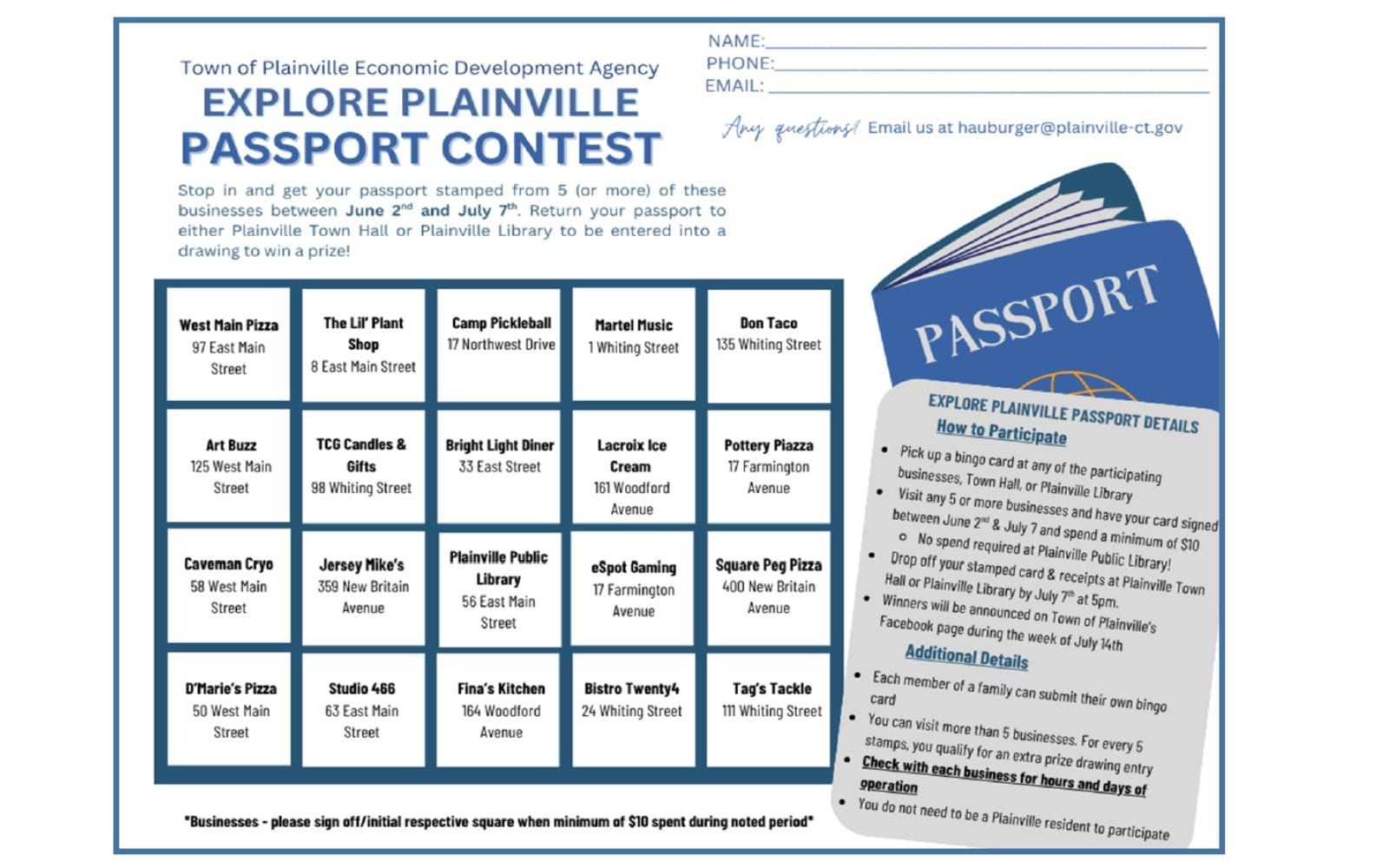 Explore Plainville Passport Contest flyer: a grid of 20 local businesses; get 5 stamps to enter a prize draw