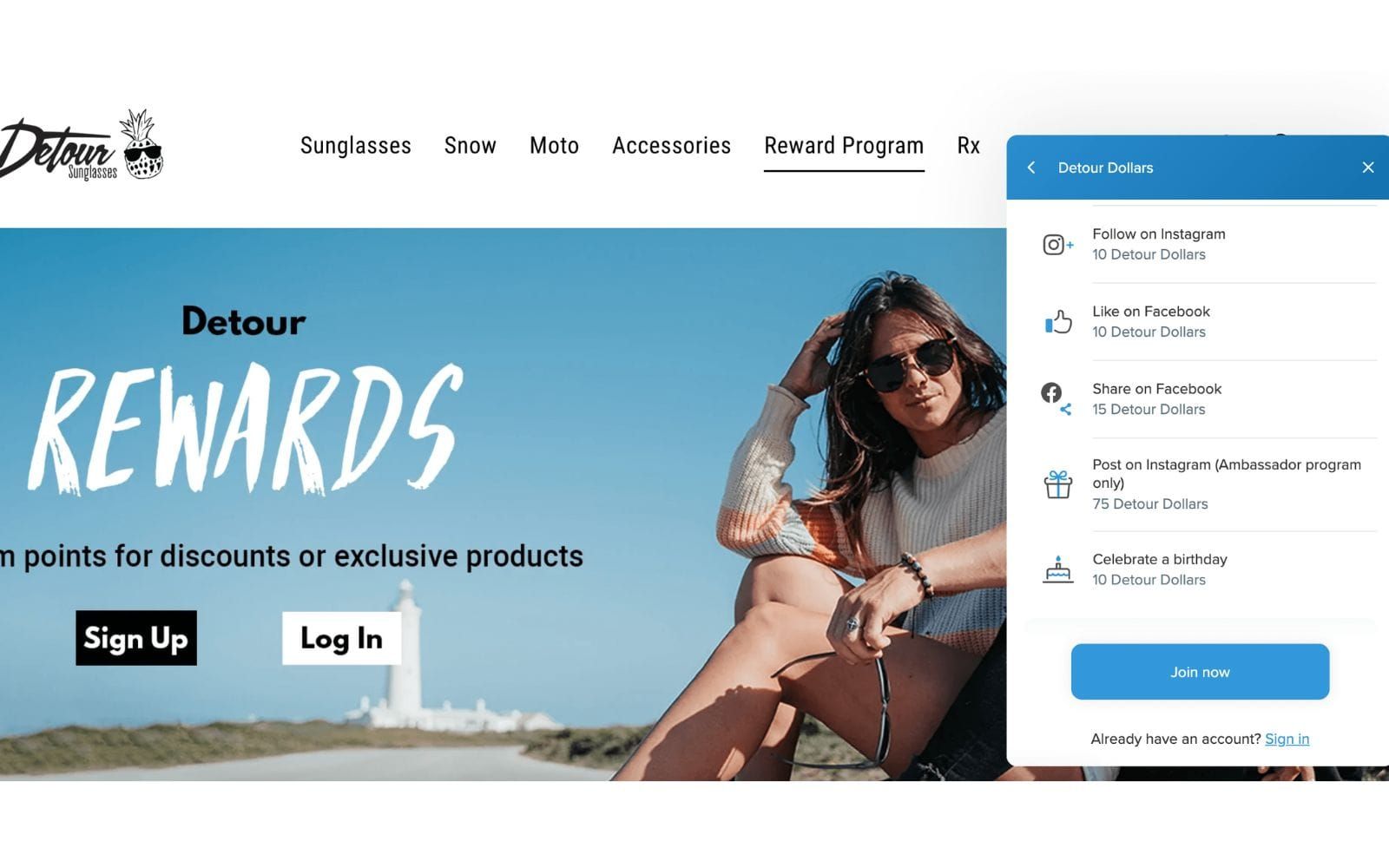 Detour Sunglasses rewards widget paying Detour Dollars for following on Instagram, liking and sharing on Facebook