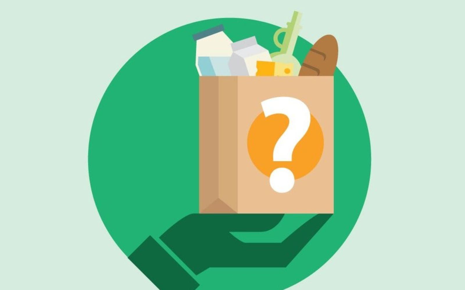 Hand holding a grocery bag marked with a question mark, illustrating a personalized mystery offer