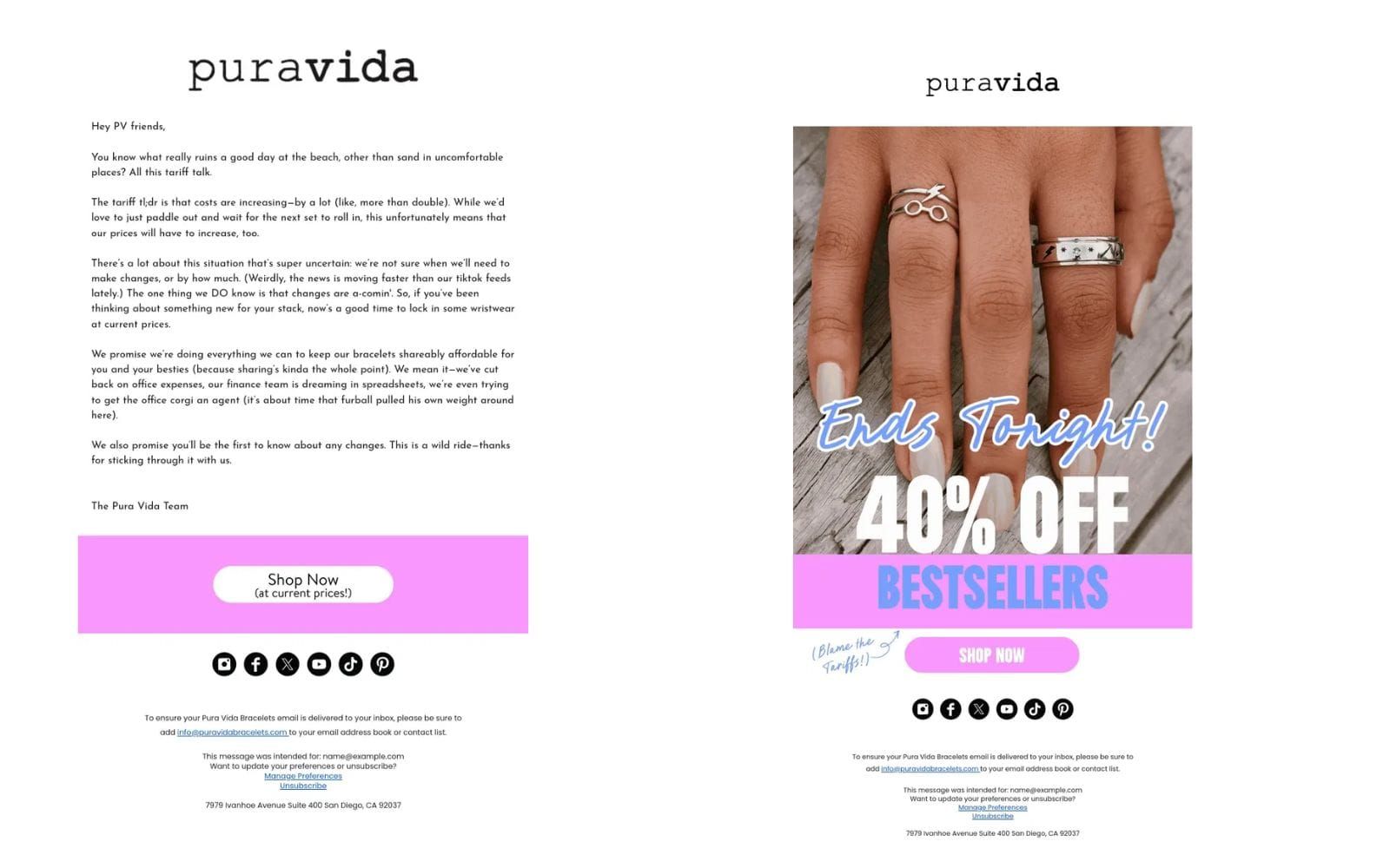 Two Pura Vida emails: a friendly note on tariff price increases and an Ends Tonight 40% off bestsellers promo