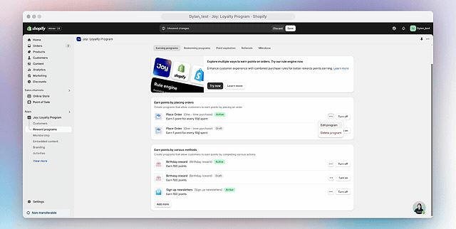 Joy Loyalty earning programs in Shopify admin, opening Edit program on the Place Order points rule