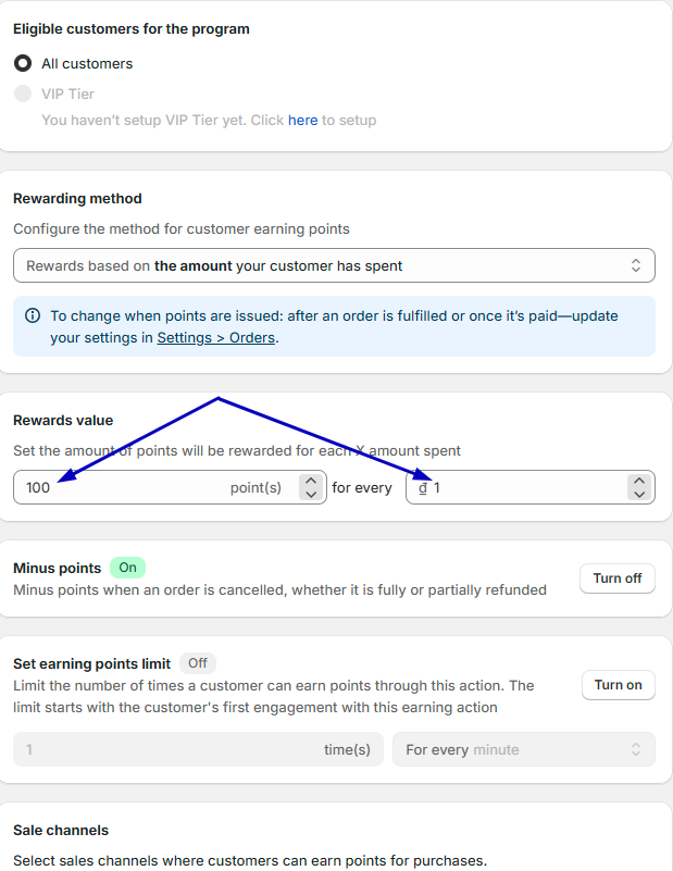 Joy Loyalty Place Order settings, arrows on rewards value of 100 points per ₫1 spent, with minus points turned on