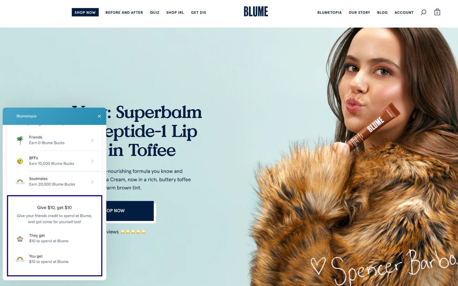 Blume site with Blumetopia widget highlighting Give $10, get $10 referral: friends get $10 and you get $10 to spend