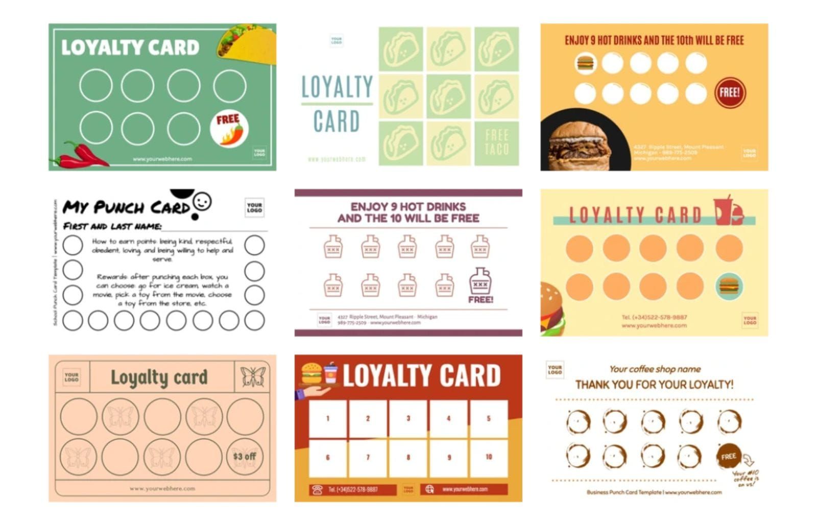 Nine punch card templates for taco, burger and coffee shops, most giving a free item once every stamp is filled
