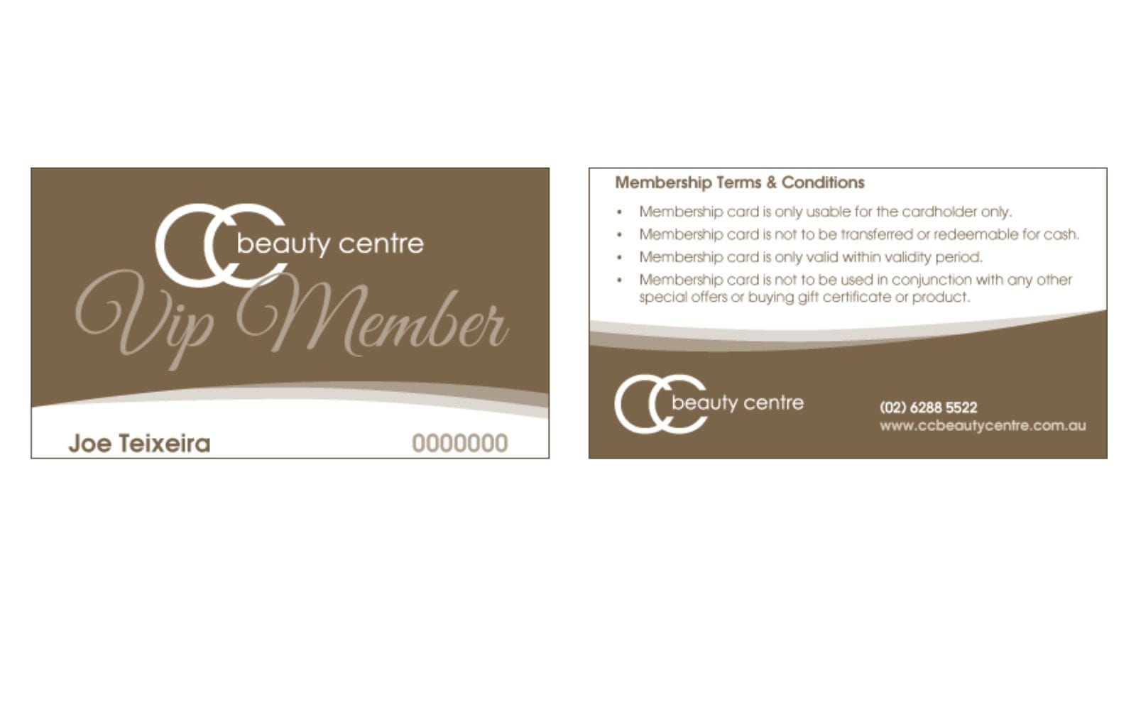 CC beauty centre VIP Member card: front with a member name, back listing membership terms and conditions