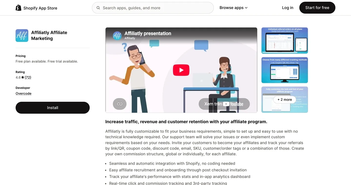 Affiliatly listing, 4.6 stars from 72 reviews