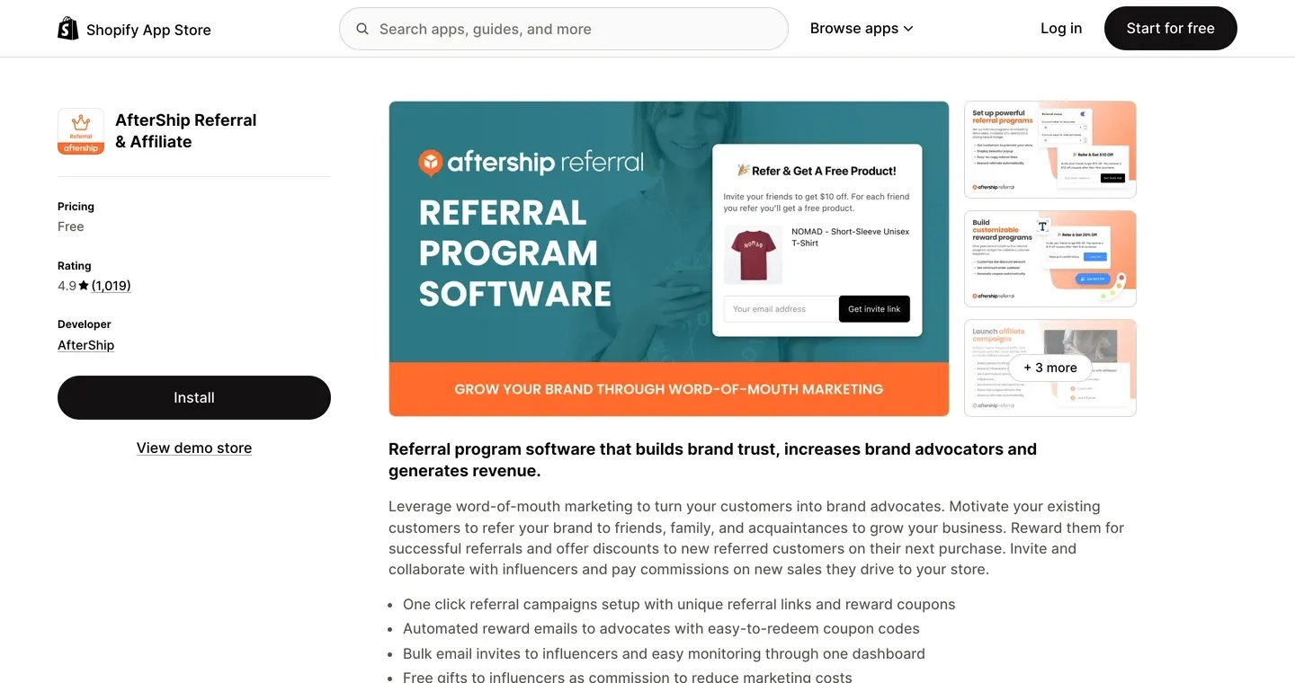 AfterShip Referral and Affiliate listing, 4.9 stars from 1,019 reviews
