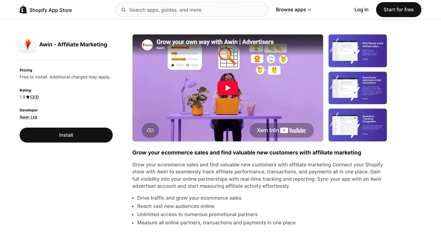 Awin listing showing a 1.9 star rating