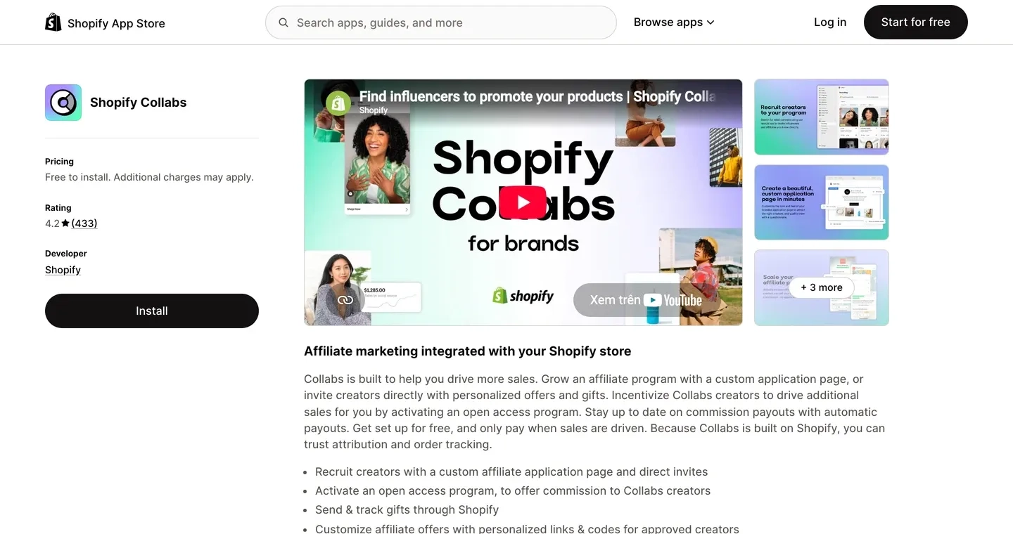 Shopify Collabs listing, 4.2 stars from 433 reviews