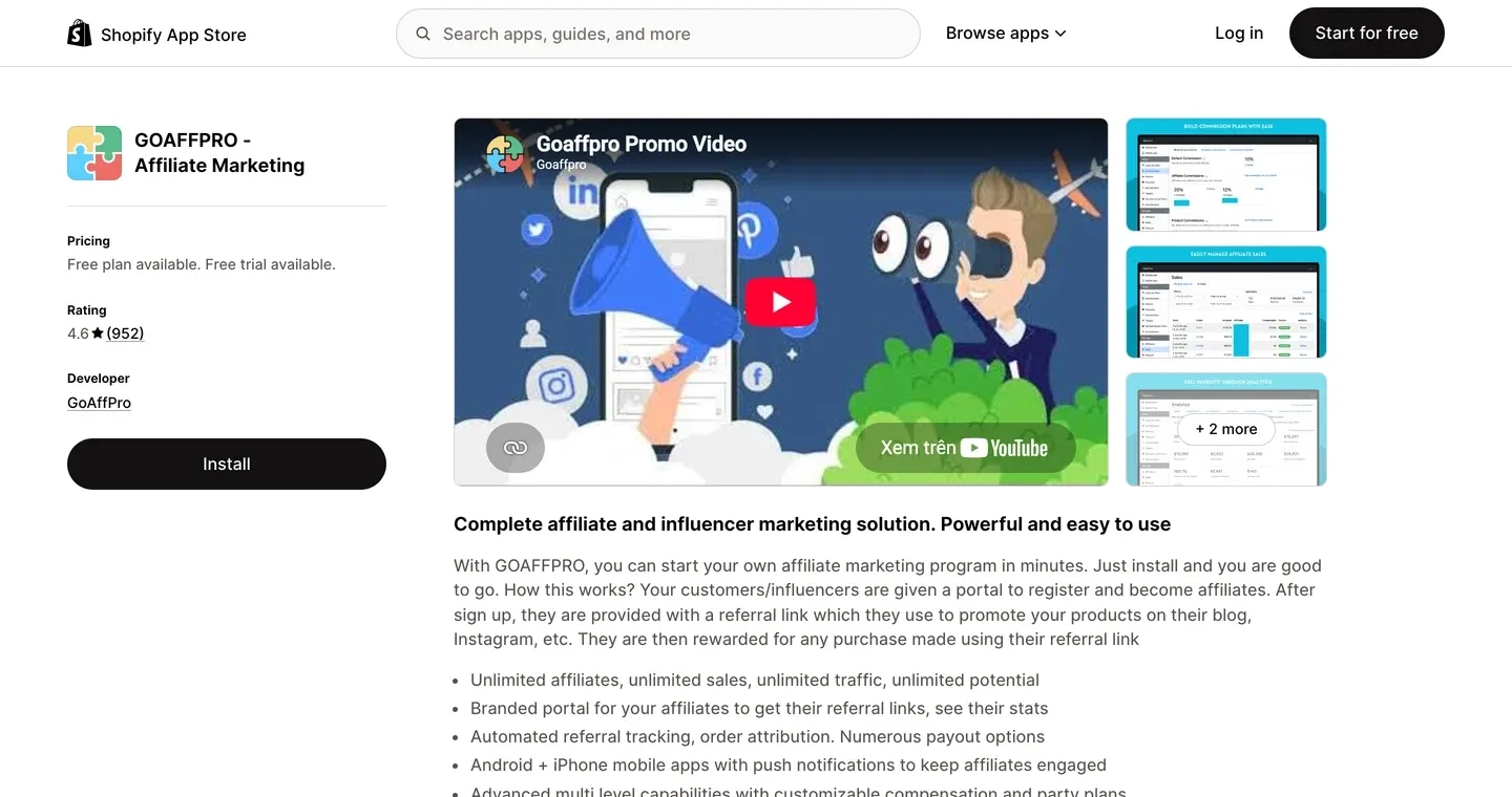 GoAffPro listing, 4.6 stars from 952 reviews