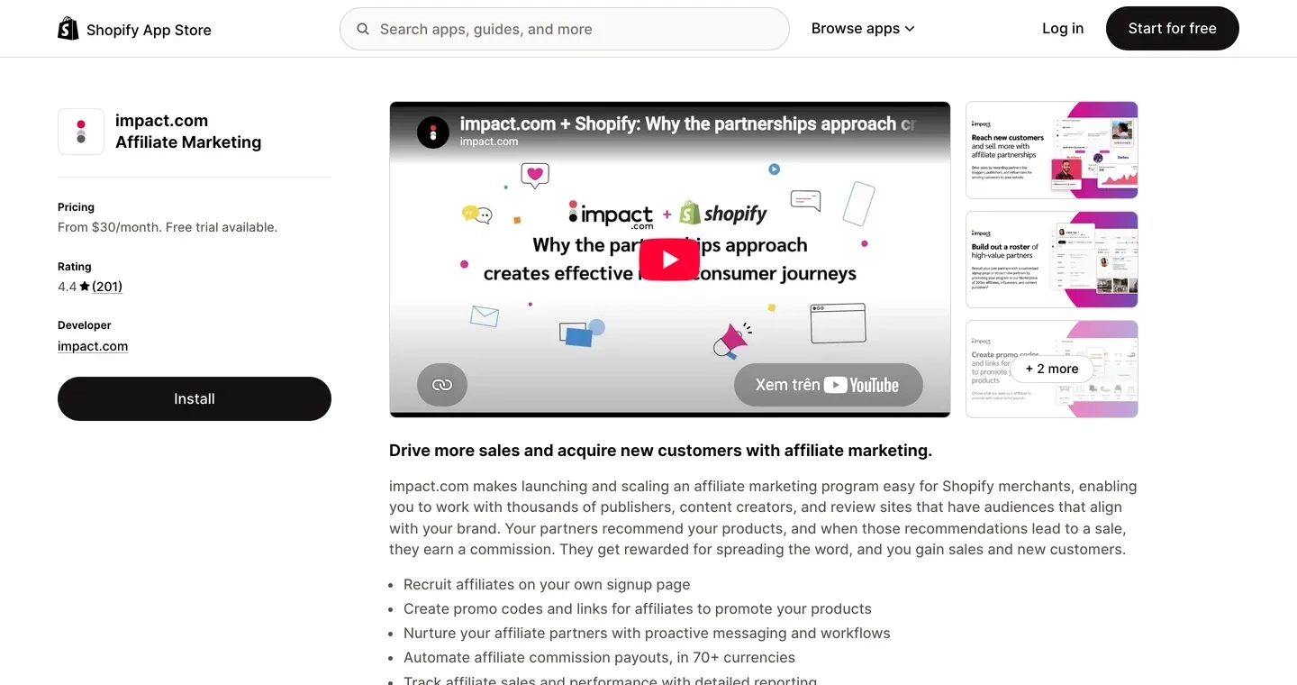 impact.com Affiliate Marketing listing, 4.4 stars from 201 reviews