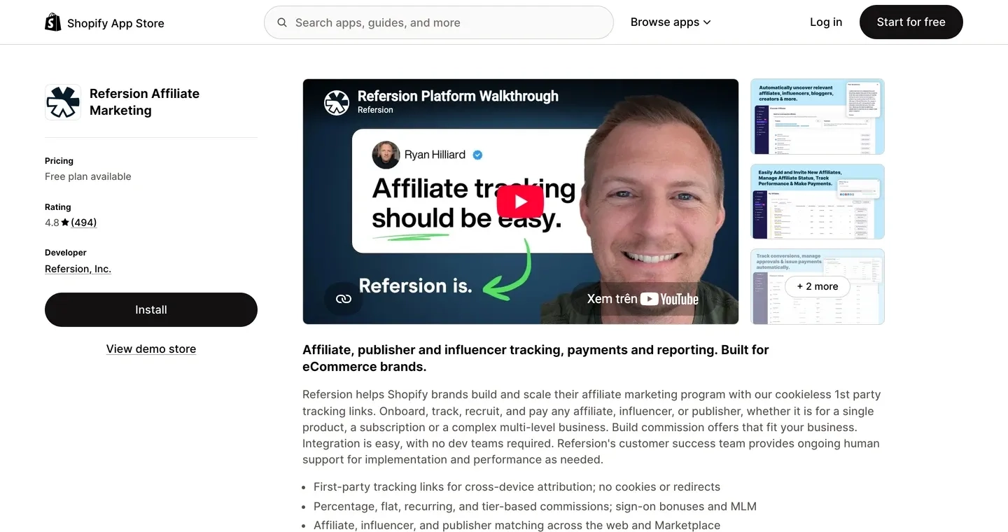 Refersion listing, 4.8 stars from 494 reviews
