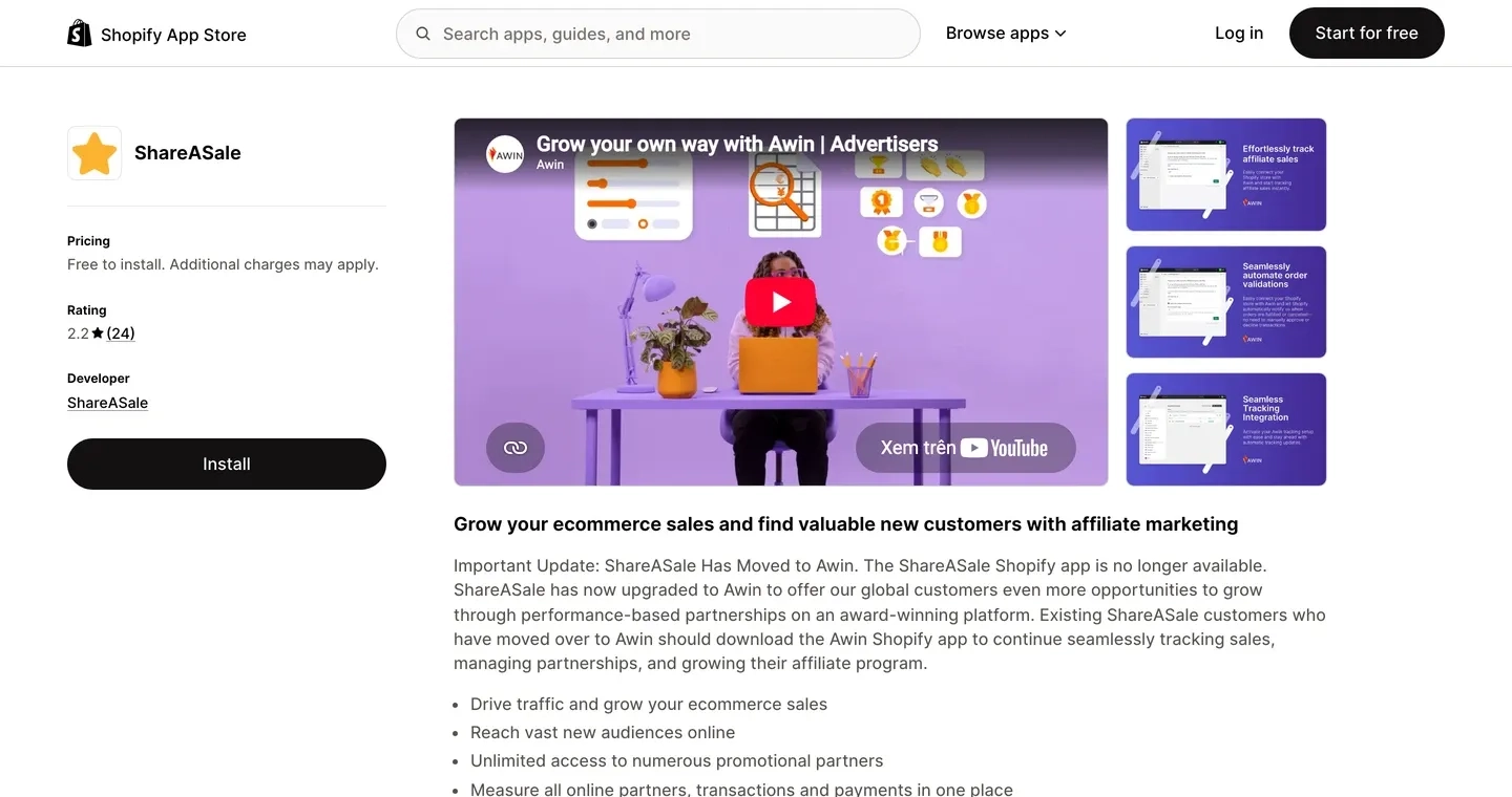 ShareASale listing showing a 2.2 star rating